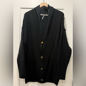 Free People Black Cozy Knit Cardigan Gold Heart Button Size XS